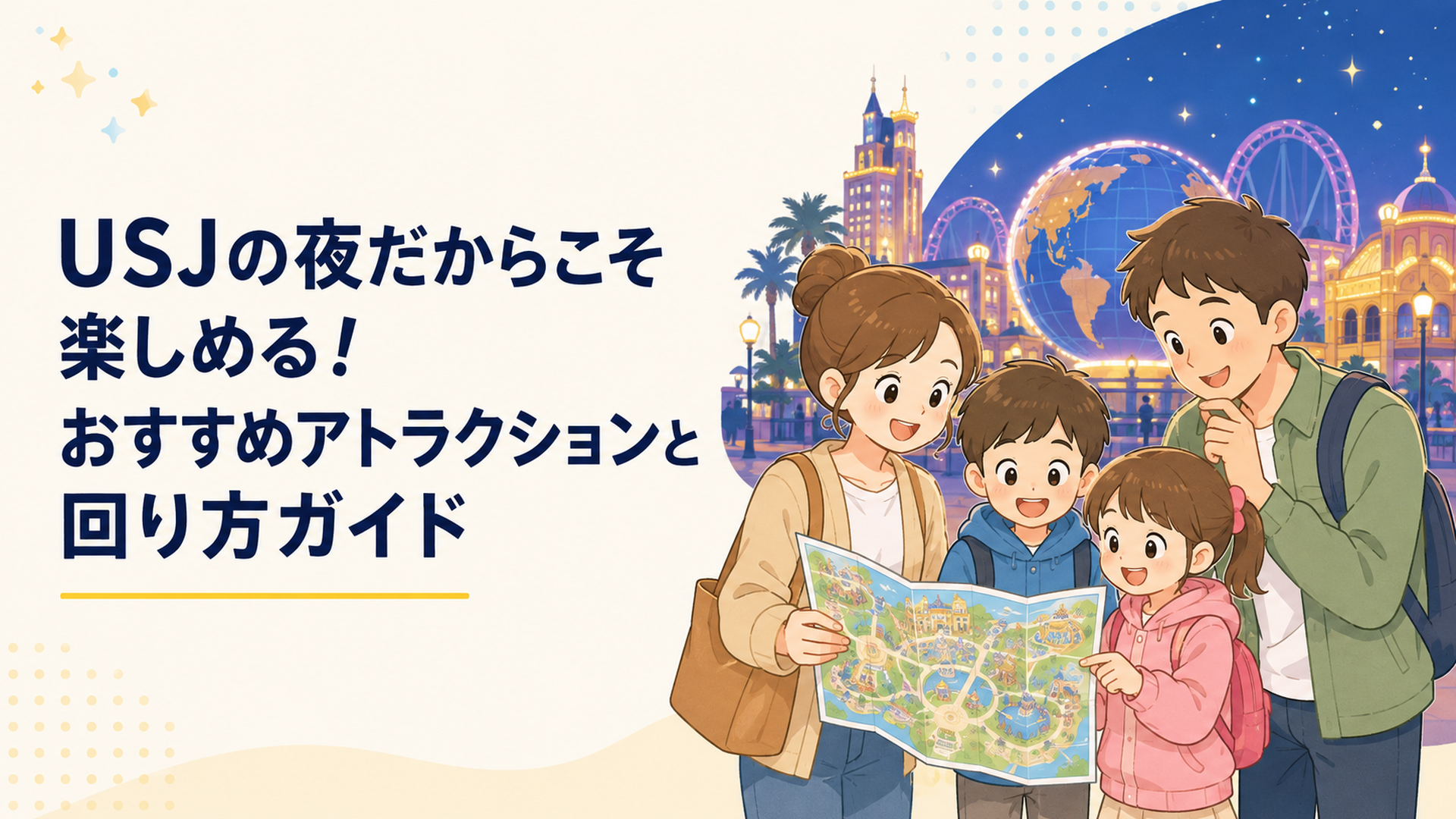 ライトアップされた夜のUSJで子連れ家族が地図を見ながら次のアトラクションを相談している場面