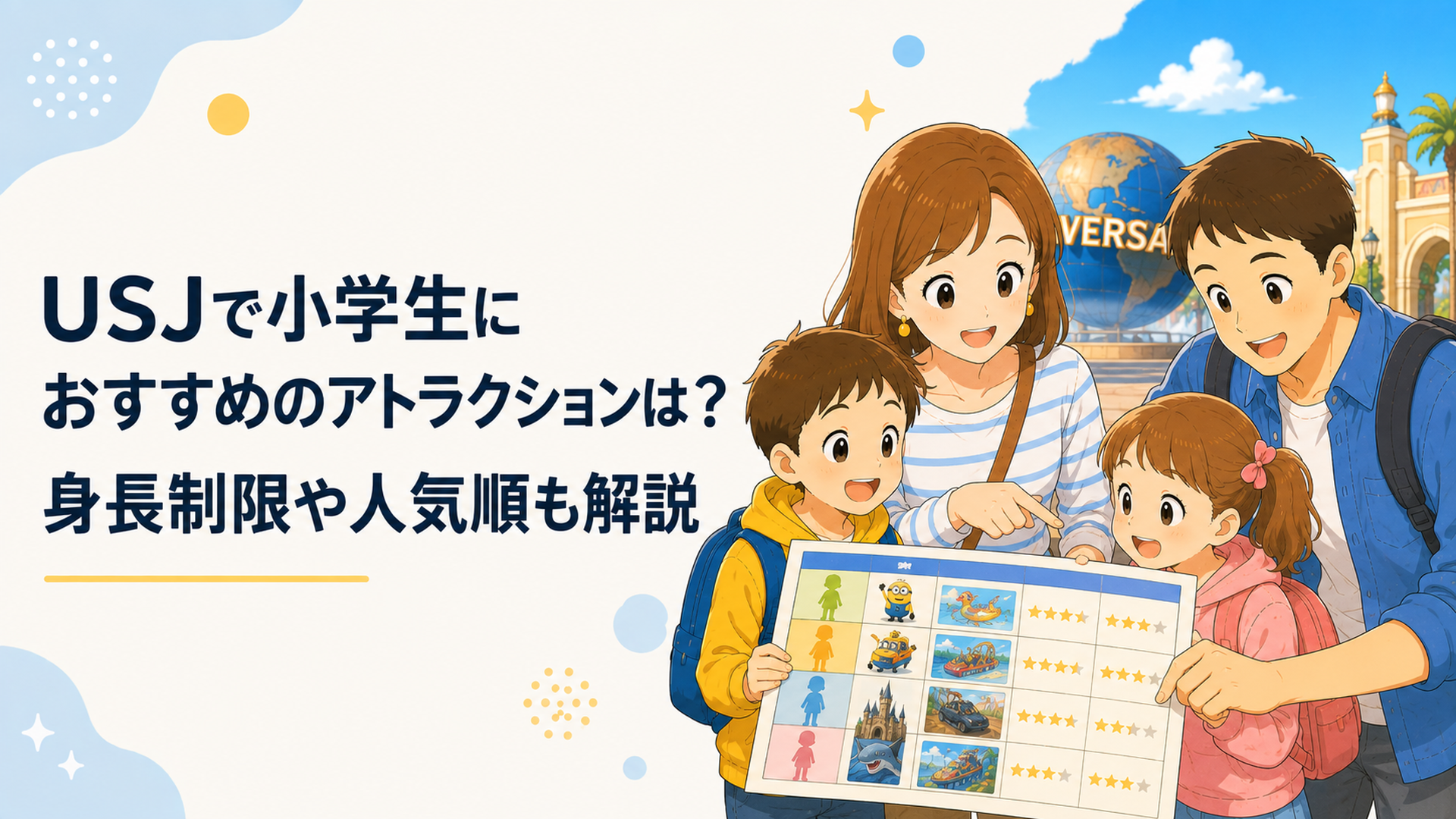 USJの身長別アトラクション比較表を見ながら小学生が乗る施設を選ぶ家族