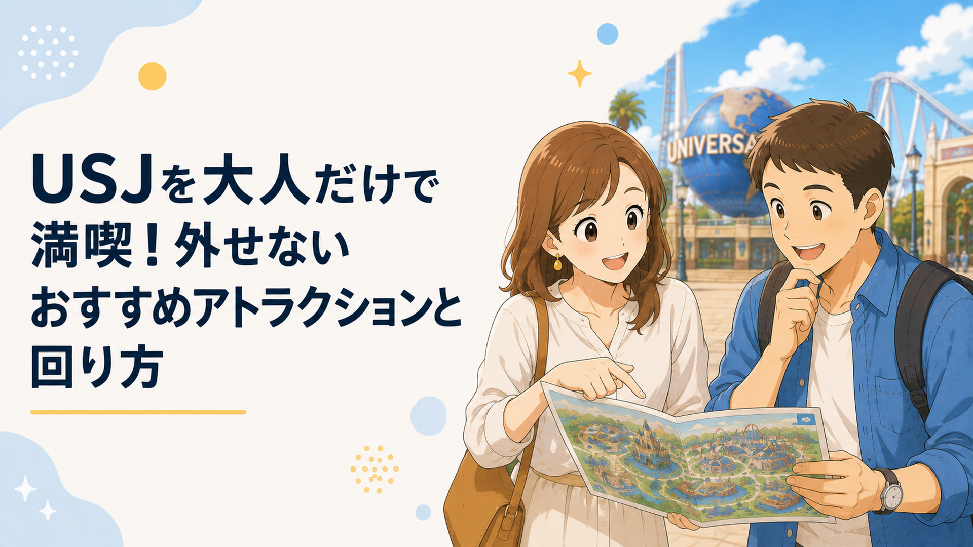 USJで大人の休日を楽しみながらアトラクションの回り方を相談する二人