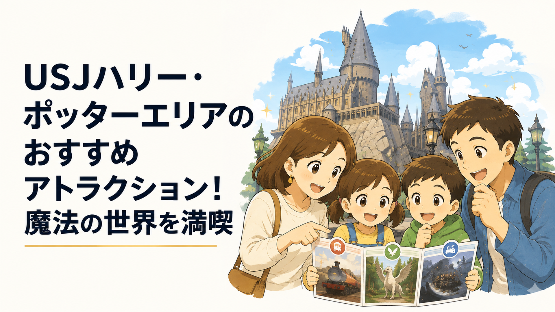 ホグワーツ城を背景に3つのアトラクションを比較しながら相談する子連れ家族