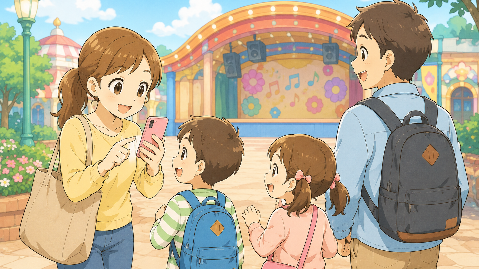 東京ディズニーランドの屋外ステージで女性ダンサーと一緒に踊る親子