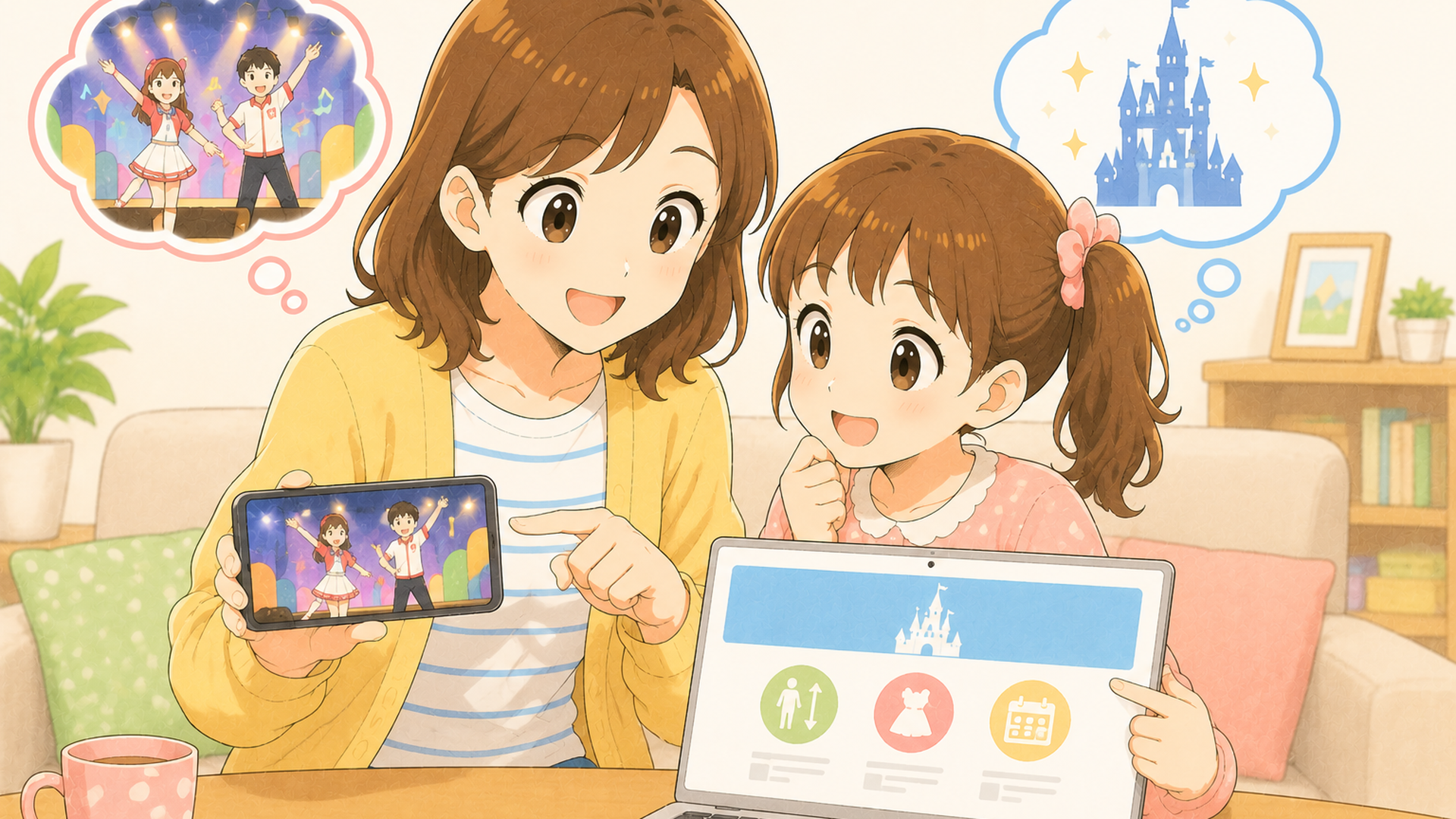 東京ディズニーランドの屋外ステージでジャンボリーミッキーを楽しむ親子