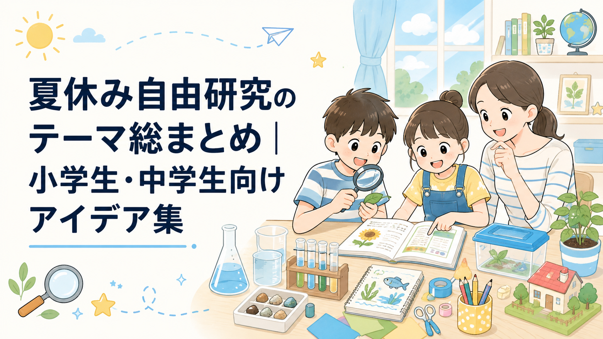 実験道具や植物や工作材料を机に広げて学年に合う自由研究テーマを選ぶ小学生と中学生の親子