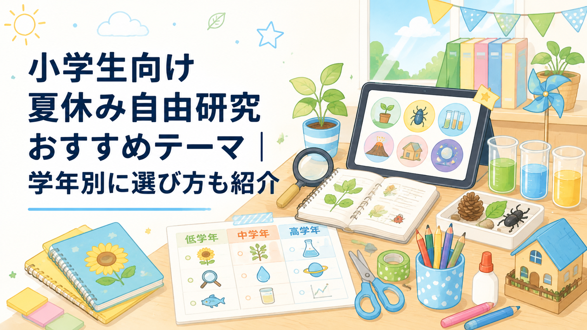 虫眼鏡や植物観察ノート、工作道具、実験用コップ、タブレットが並ぶ机で、親子が学年別の自由研究テーマを楽しく選んでいる明るい夏の場面