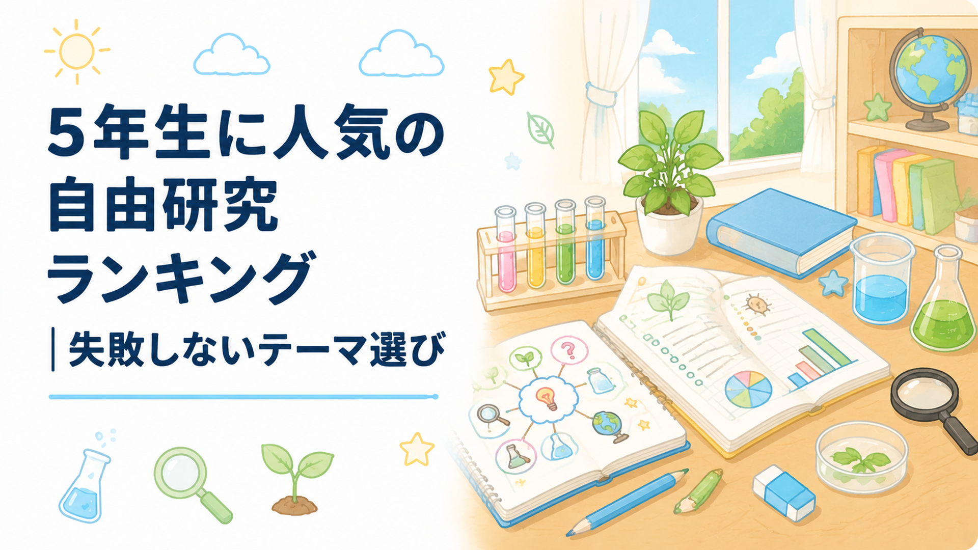 小学5年生の子どもが自由研究ノートや実験道具を広げてテーマを考えている夏休みの家庭風景