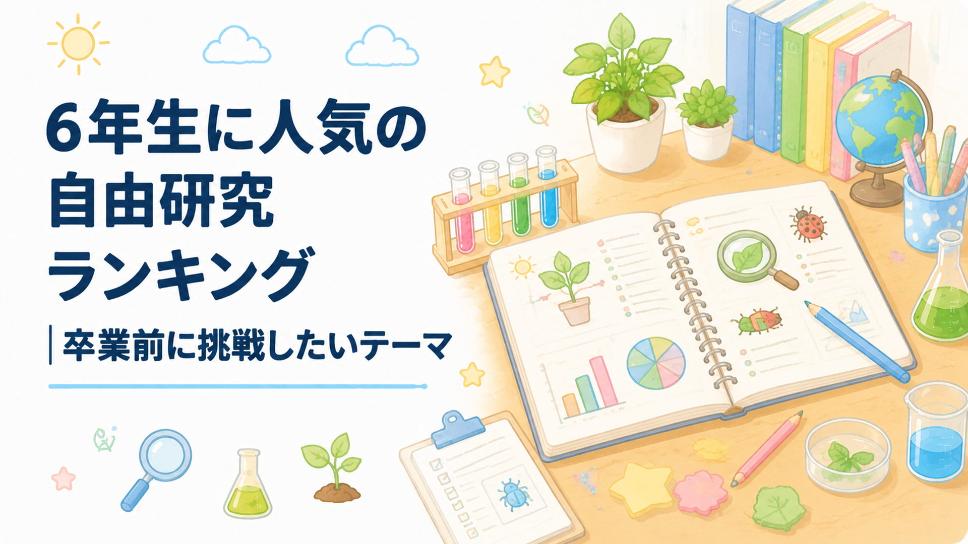 小学生6年生が自由研究の実験や観察ノートを広げて考えている夏休みの机風景