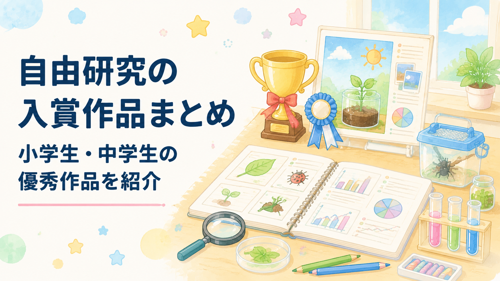 夏休み自由研究の受賞作品が並ぶ机、研究ノートや観察道具を広げた親子の学習風景