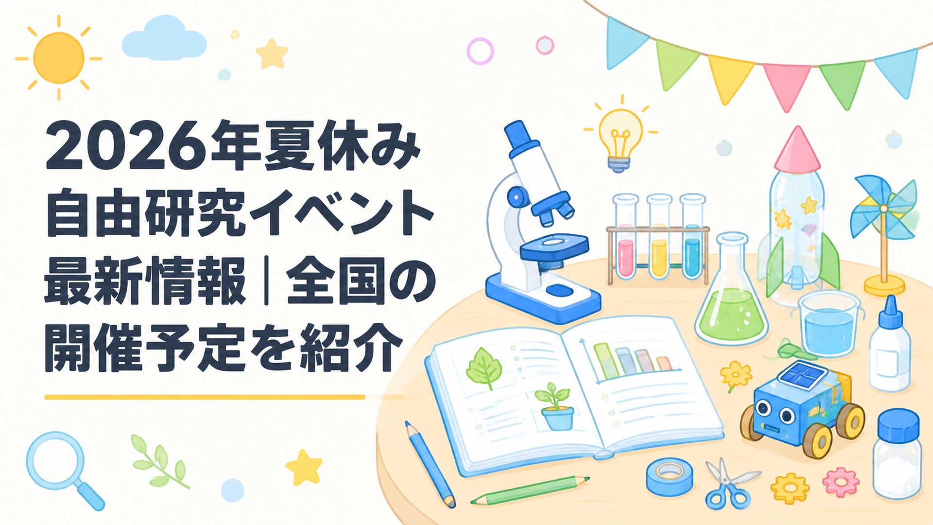 夏休み自由研究イベントで子どもが科学実験や工作に取り組む明るい学習風景