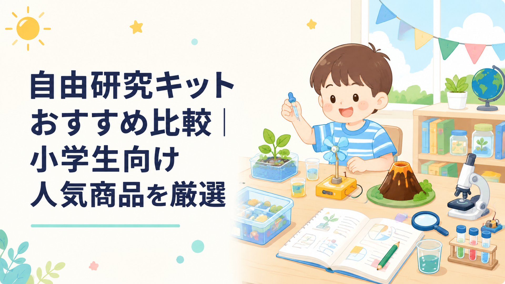 小学5・6年生が科学工作や自由研究作品を机に並べ、研究ノートを書いている夏休みの風景