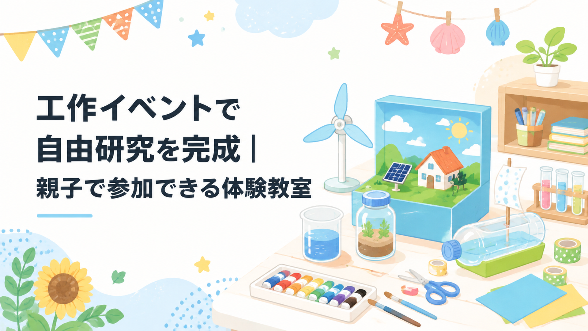 夏休みの親子が工作材料や科学キットを広げて自由研究作品を作る明るい体験教室の風景