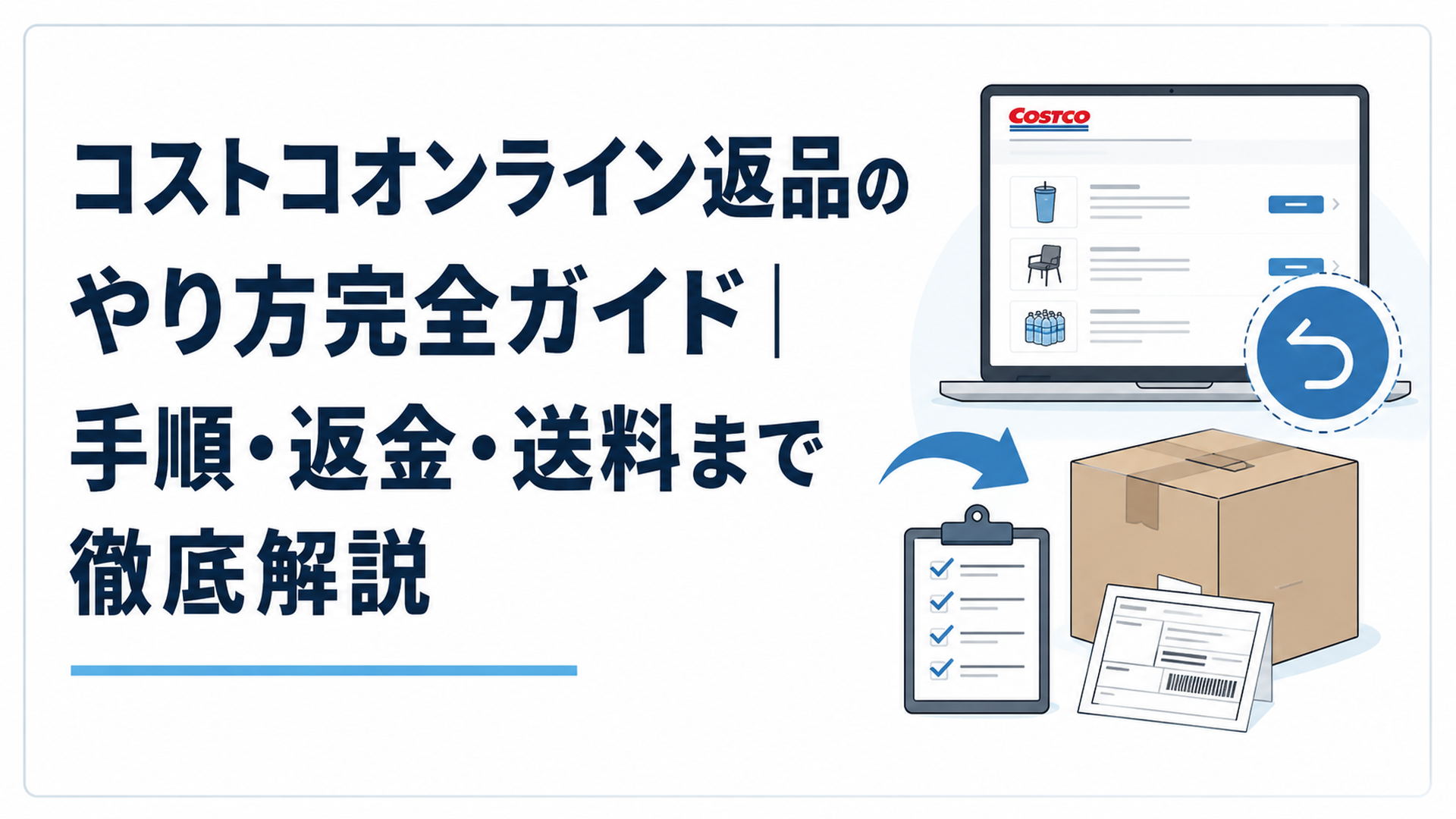 コストコオンラインの注文履歴画面と返品する荷物、配送箱を分かりやすく配置した返品手続きのイメージ