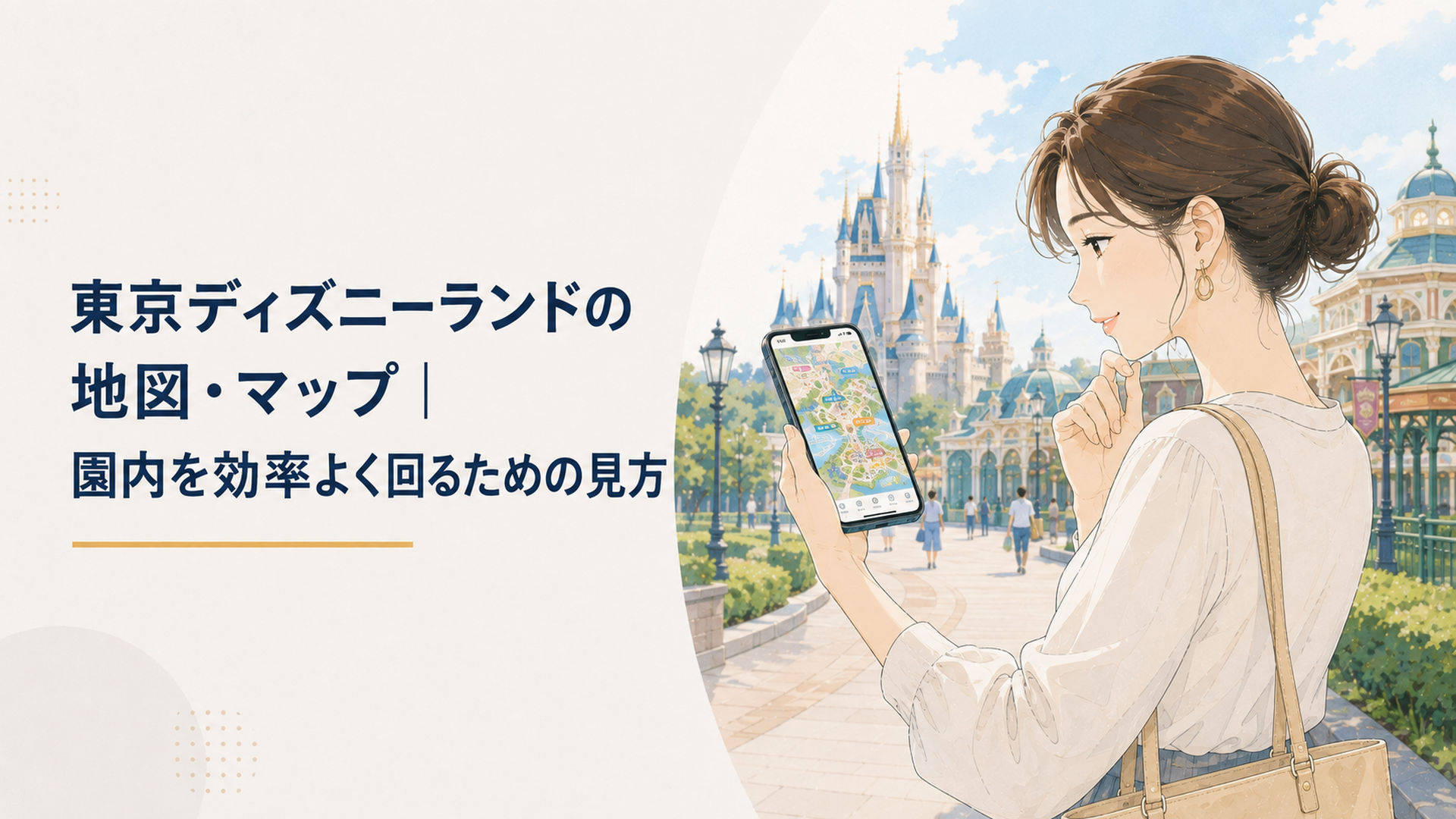 明るいテーマパークを背景にスマートフォンの園内マップを確認しながら次の行き先を考える大人の女性