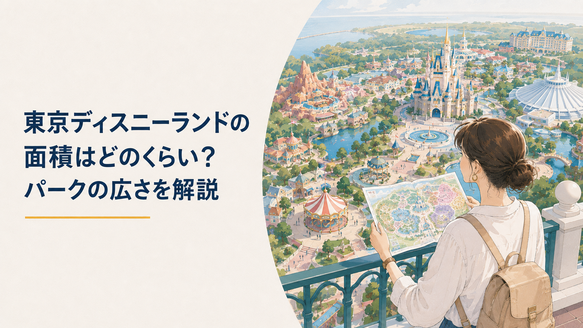 広大なテーマパークの地図を見ながら歩く大人の来園者と、複数のテーマエリアが奥まで広がる明るくカラフルな俯瞰風景