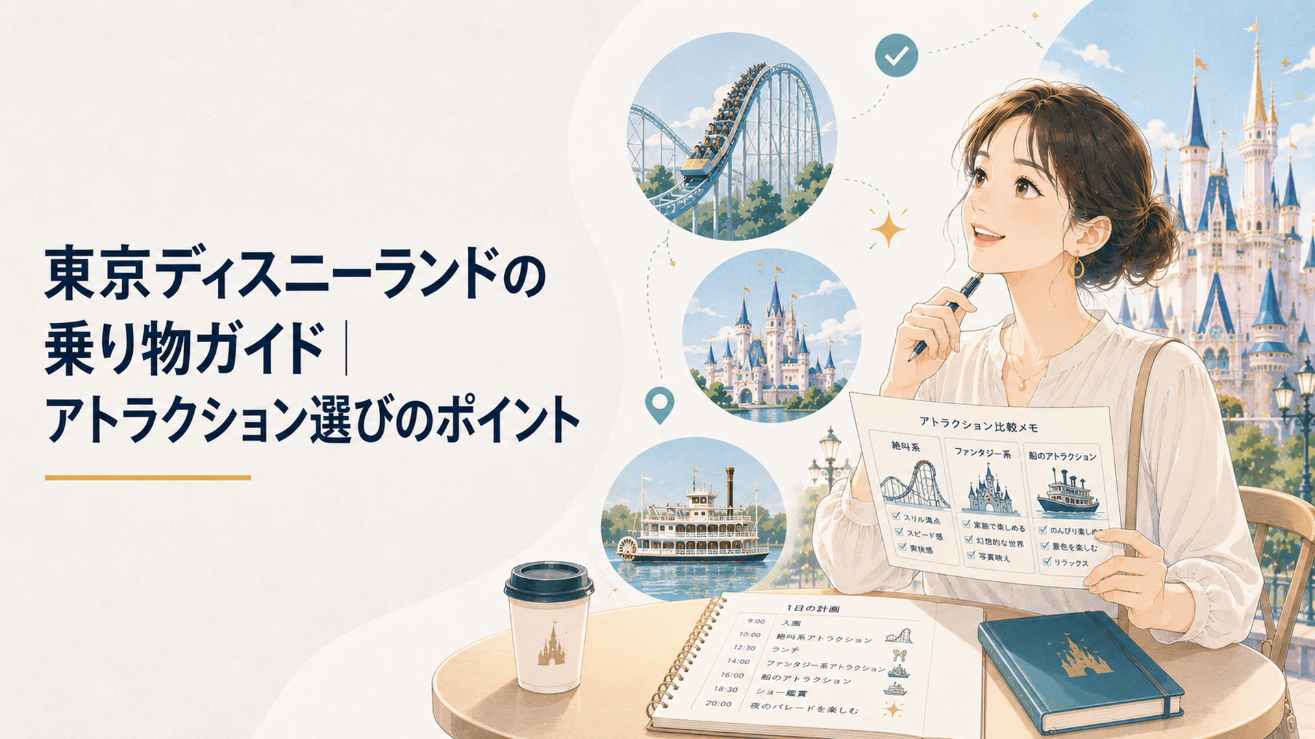 華やかなテーマパークで絶叫系とファンタジー系と船のアトラクションを見比べながら楽しそうに一日の計画を立てる大人の来園者