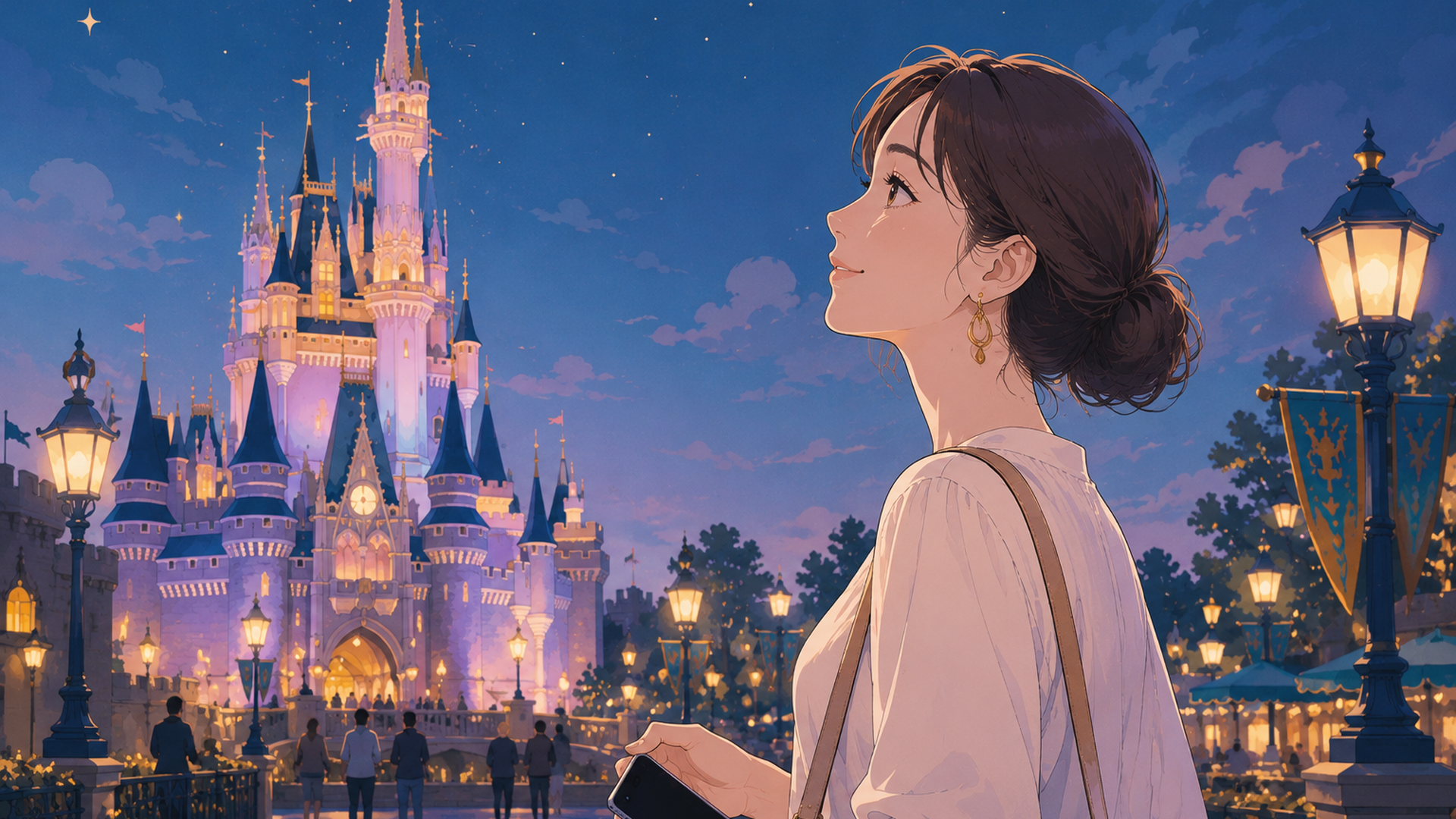 夢のテーマパークを背景にスマートフォンでTokyo Disneylandの英語表記を確認する旅行好きの女性