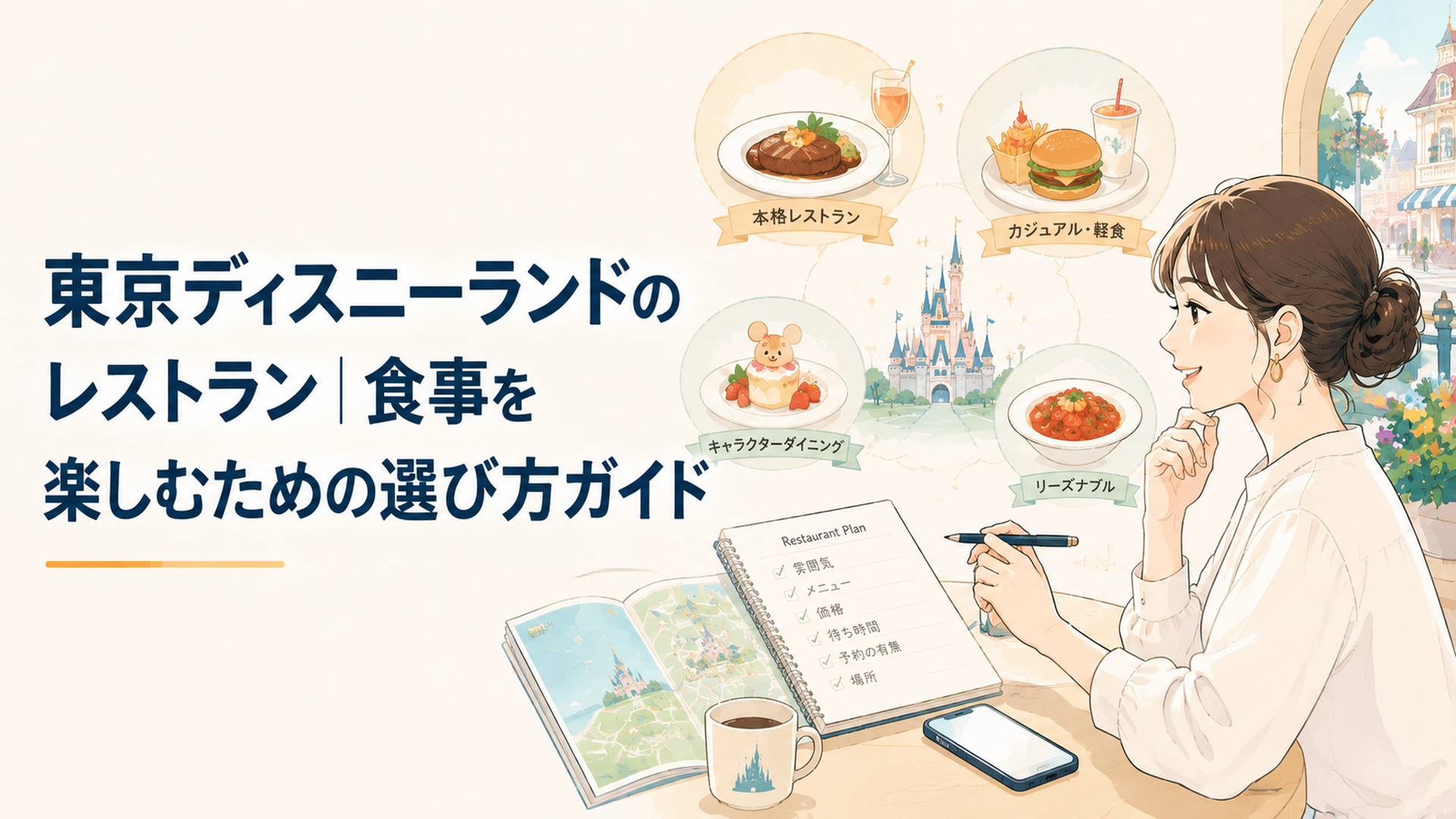 東京ディズニーランドのレストランを比較しながら楽しそうに食事プランを考える大人の女性の明るくカラフルなイラスト