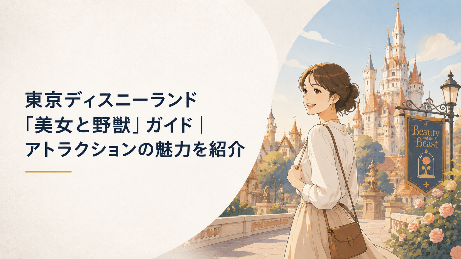 華やかな城を背景にテーマパークのファンタジーエリアを楽しそうに歩く大人の女性