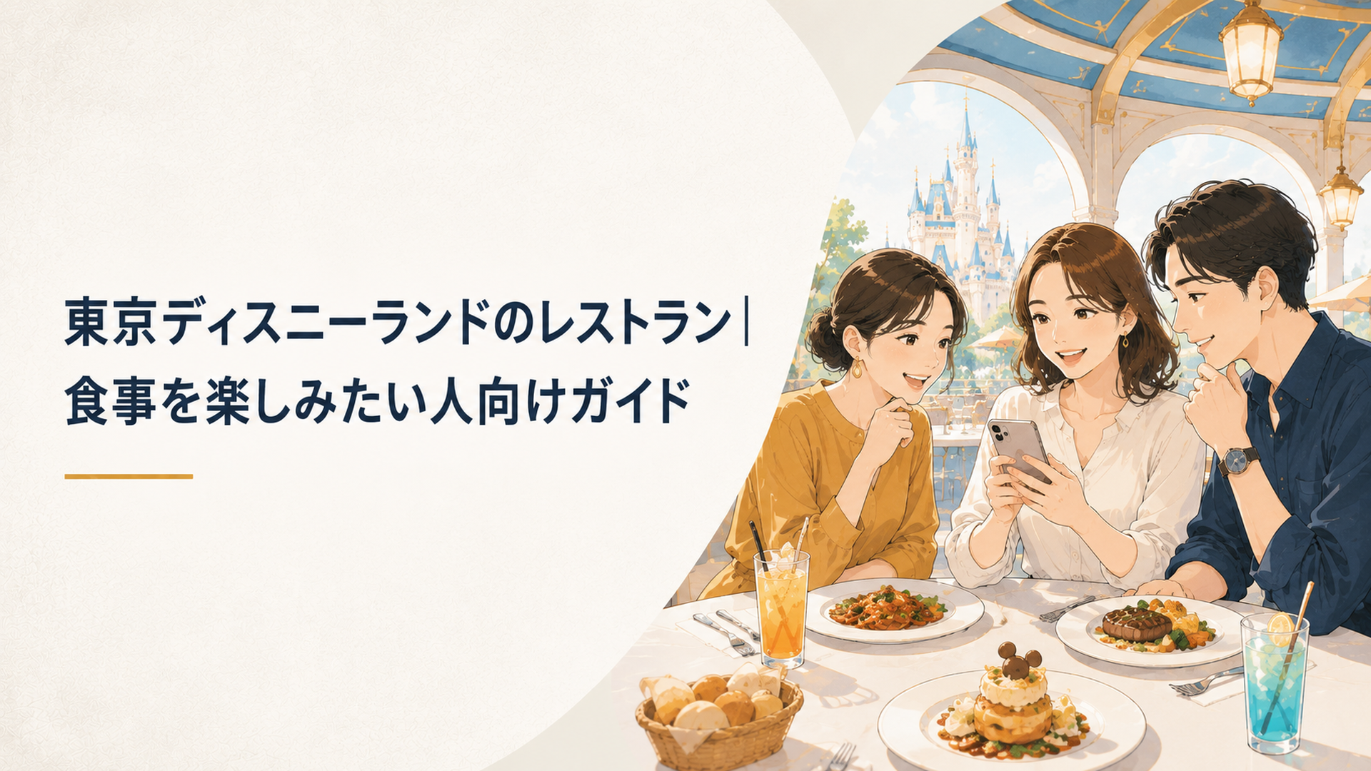 明るいテーマパークのレストランでスマートフォンを見ながら食事プランを楽しそうに相談する大人たち