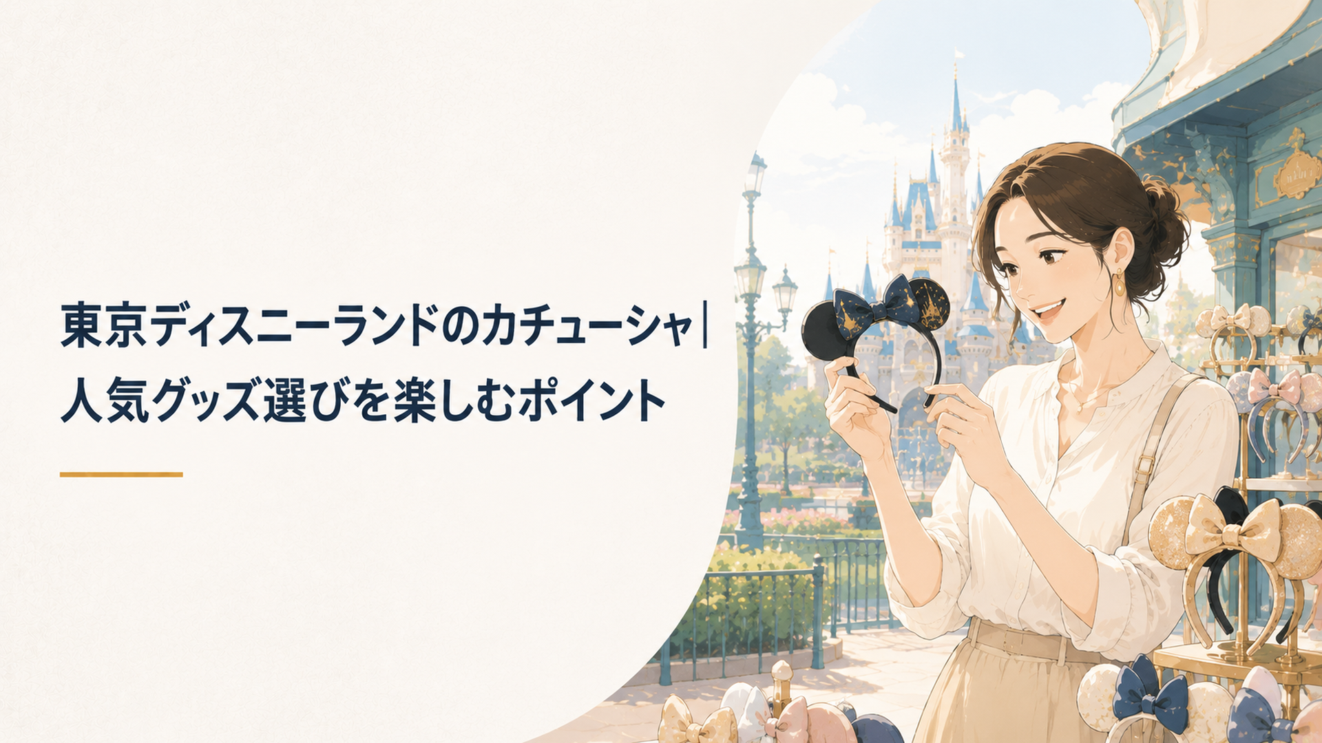 東京ディズニーランドを背景に自分に似合うカチューシャを楽しそうに選ぶ大人の女性