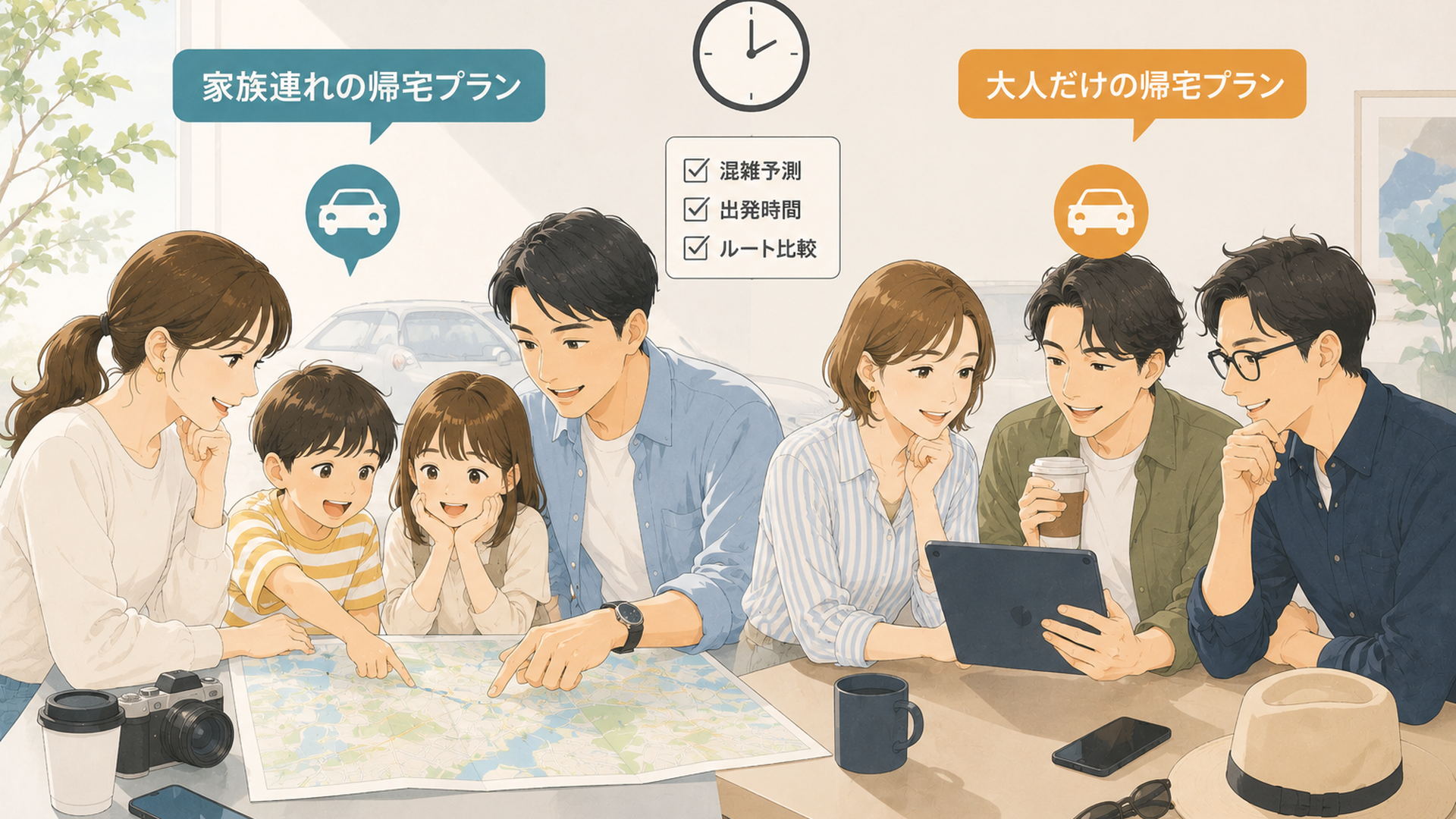 ディズニーリゾートを楽しみにする家族と株主優待チケットをイメージした明るいライフスタイル風景
