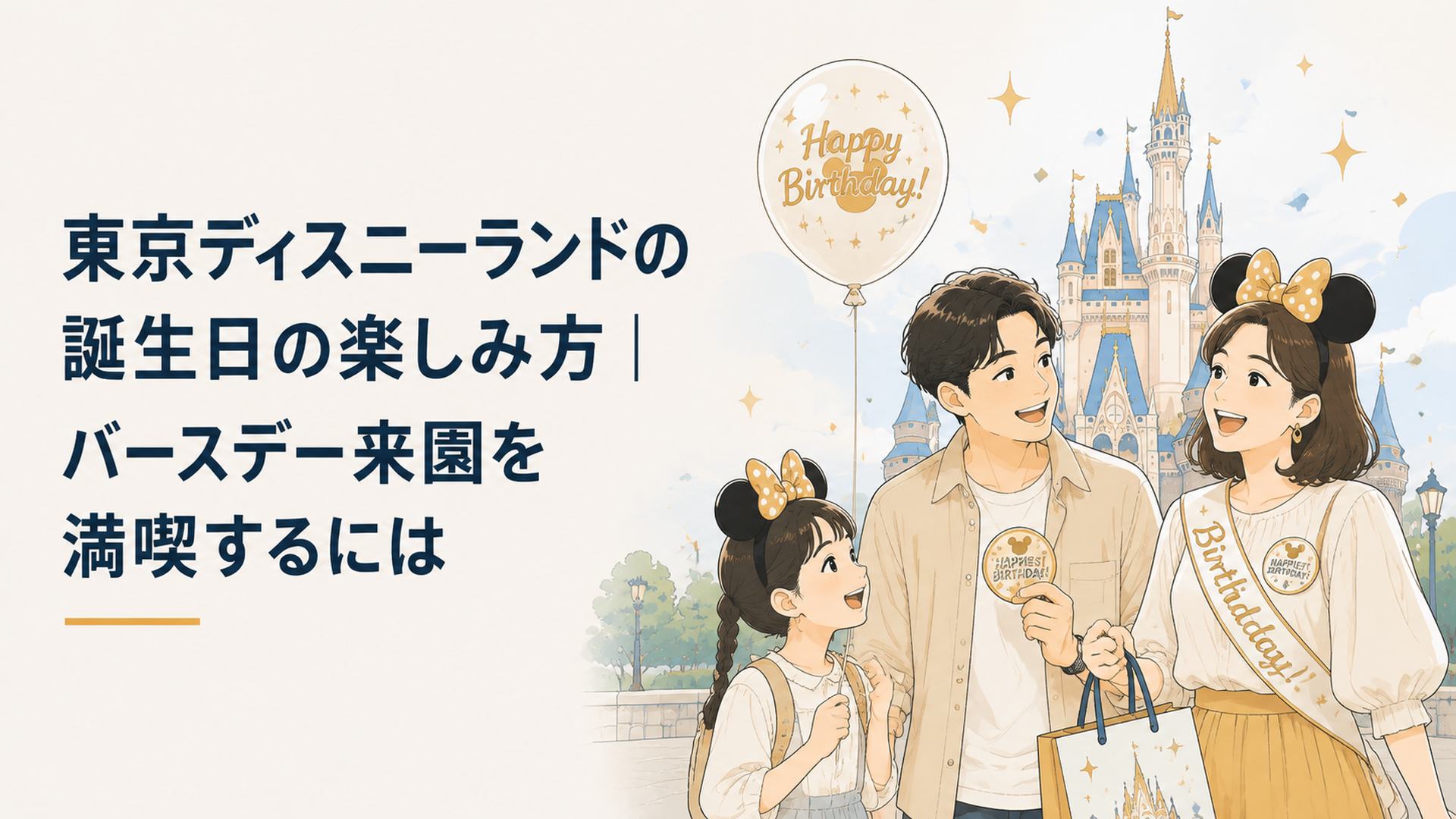 東京ディズニーランドのシンデレラ城を背景に誕生日を楽しむゲストの明るいシーン