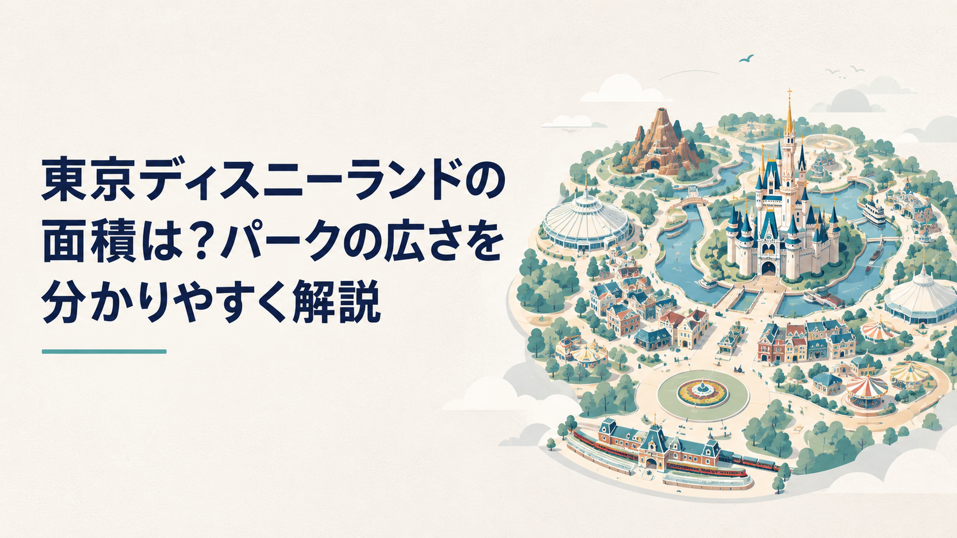 広大な東京ディズニーランドを上空から見た明るく楽しいテーマパーク風景