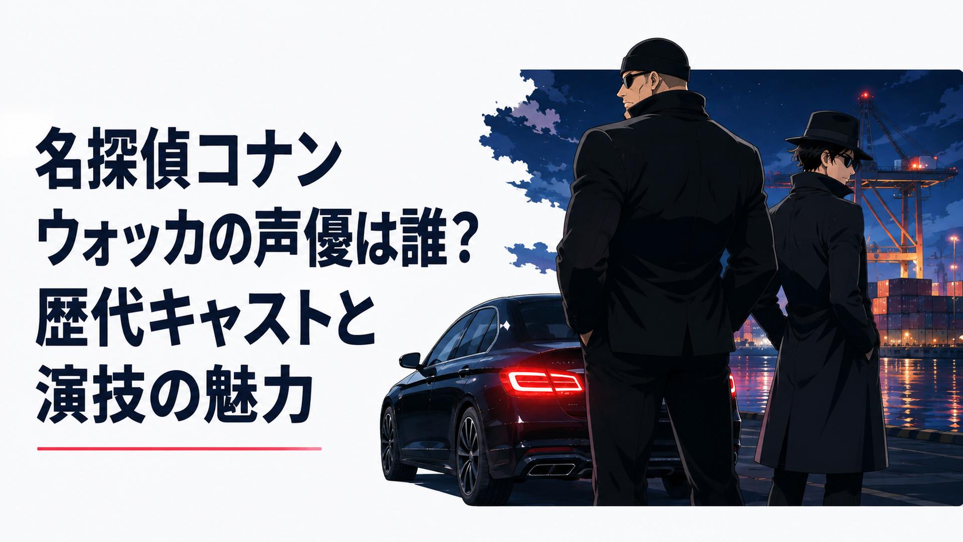 夜の港で黒い車のそばに立つ大柄な黒服の男と冷静な相棒を描いた著作権に配慮したオリジナルアニメ風イメージ