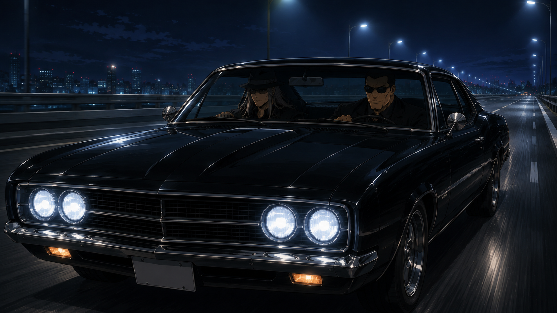 夜の遊園地を背景に黒いスーツ姿の謎の二人組と小学生探偵を思わせる少年が対峙する著作権に配慮したオリジナルアニメ風サスペンスイメージ