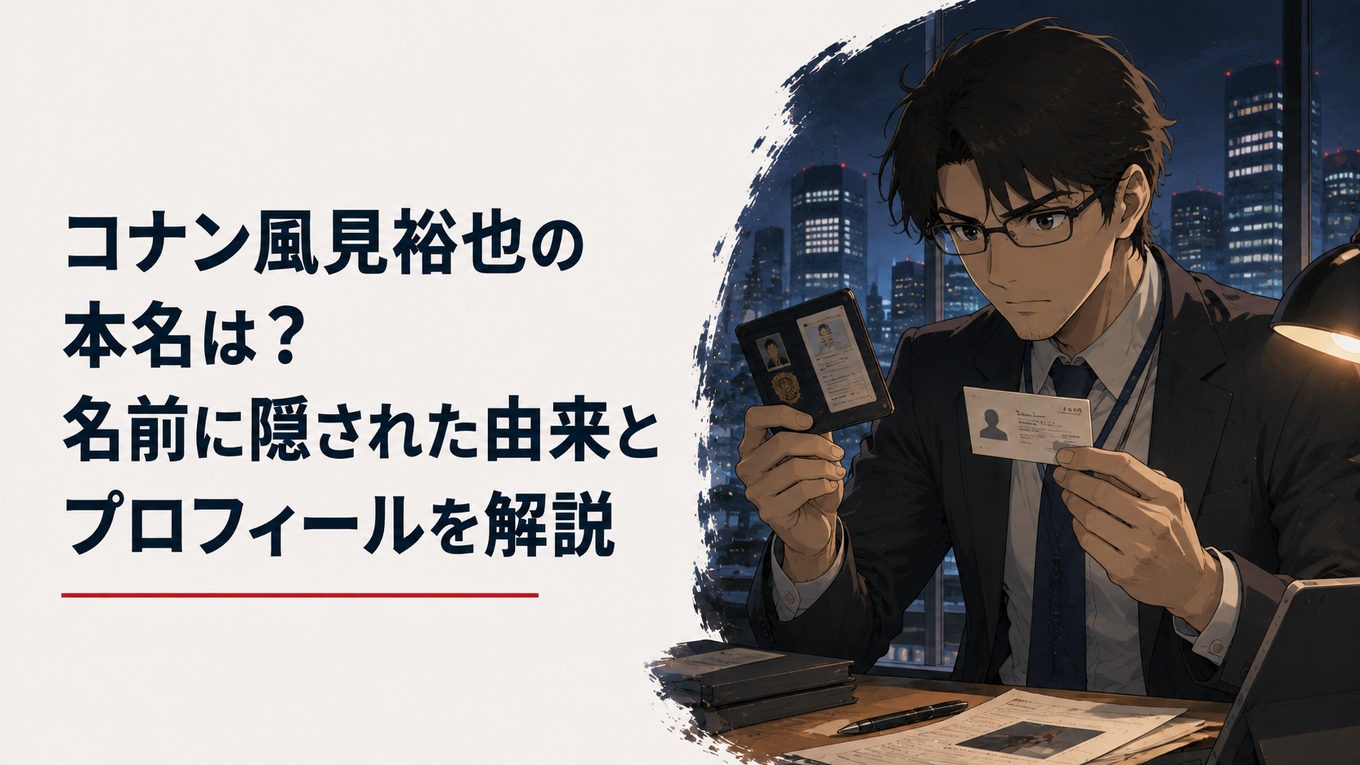 都会の夜を背景に眼鏡をかけた30歳前後の完全オリジナル公安捜査官が本来の身分証と偽装用の名刺を見比べる現代日本アニメ調セル画