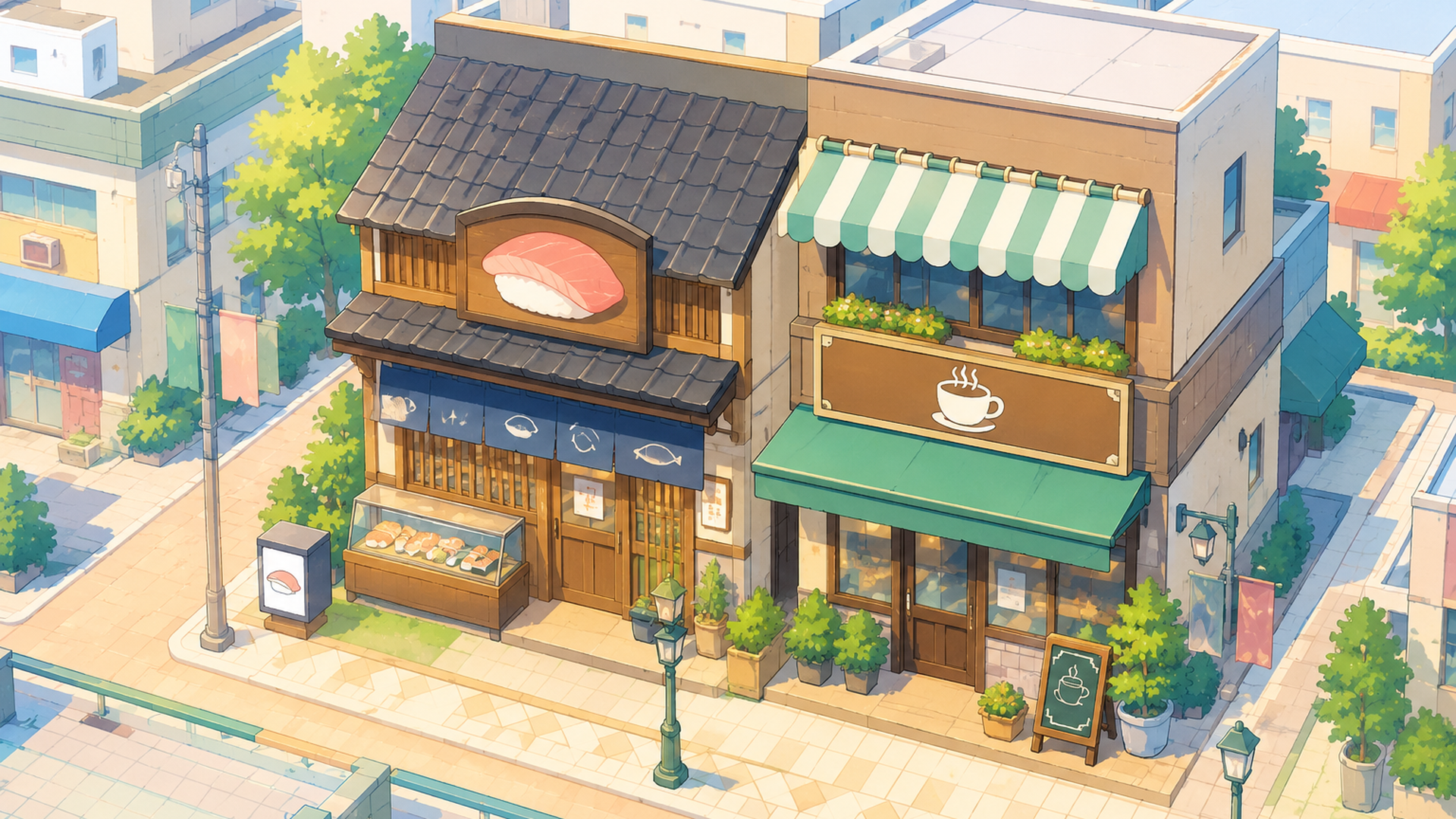 商店街の一角にある寿司店と隣接する喫茶店を高所から見渡した昼の街並み