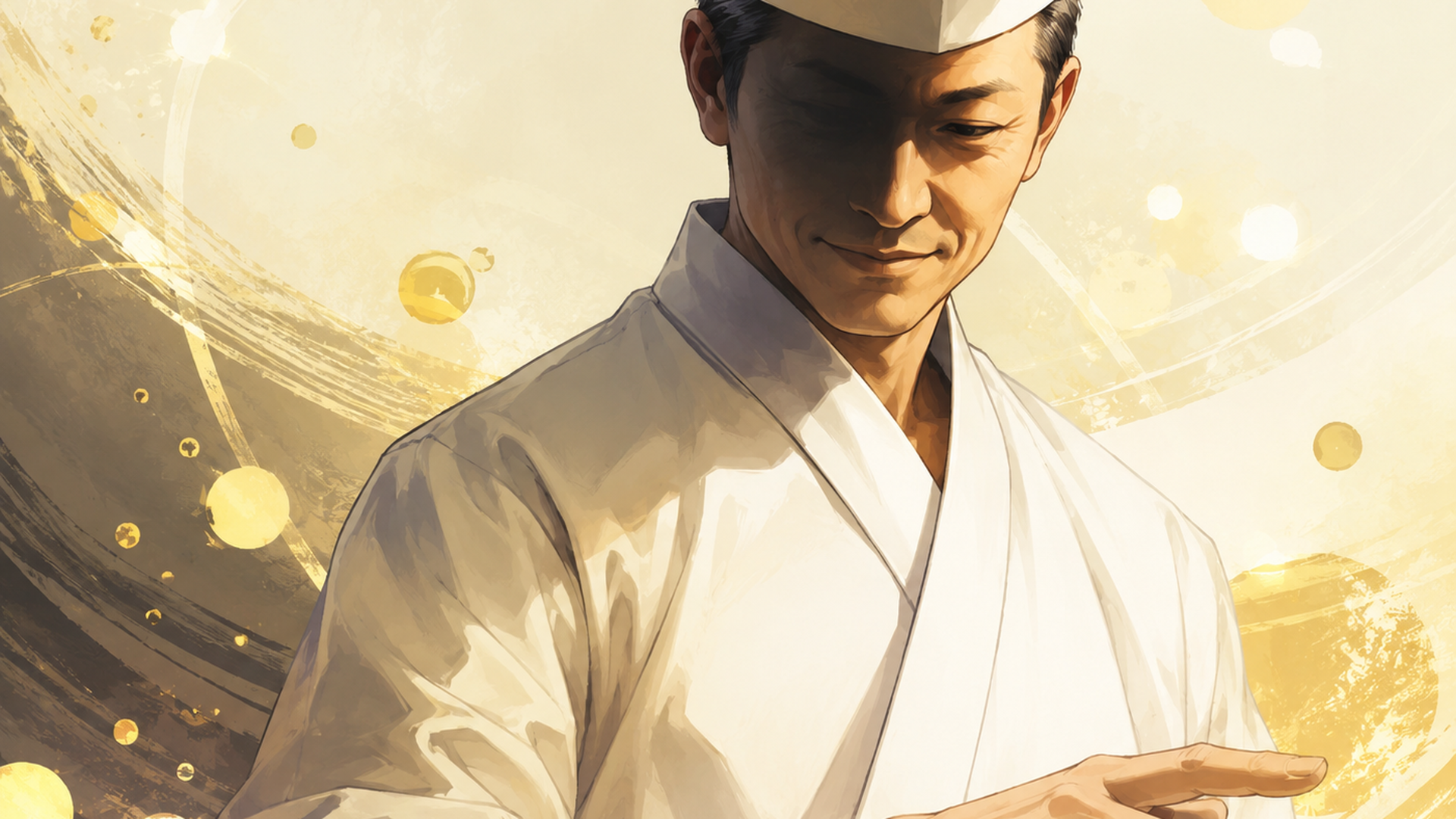 完全オリジナルの中年男性板前を主役にしたコンセプトビジュアル。既存キャラクター・公式衣装・特徴的な髪型や顔立ち・ロゴは描かない。抽象的で特定作品を想起させない背景に、寿司職人を思わせる白い作業着の人物を腰から上のMEDIUM SHOTで配置し、片側の目元は顔の特徴を再現しない一般的な影で意味深に隠す。時間帯は特定しない。斜め正面のDYNAMICアングル。寿司店そのものや街並みは描かず、人物と抽象的な光だけで表と裏の顔を象徴する。
