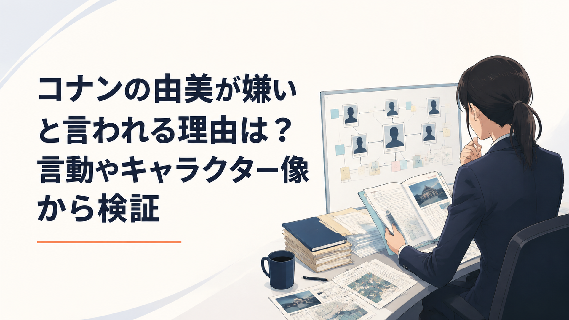 現代日本アニメ調の完全オリジナル人物が警察資料と人間関係図を前にキャラクターの行動を分析する知的なシーン