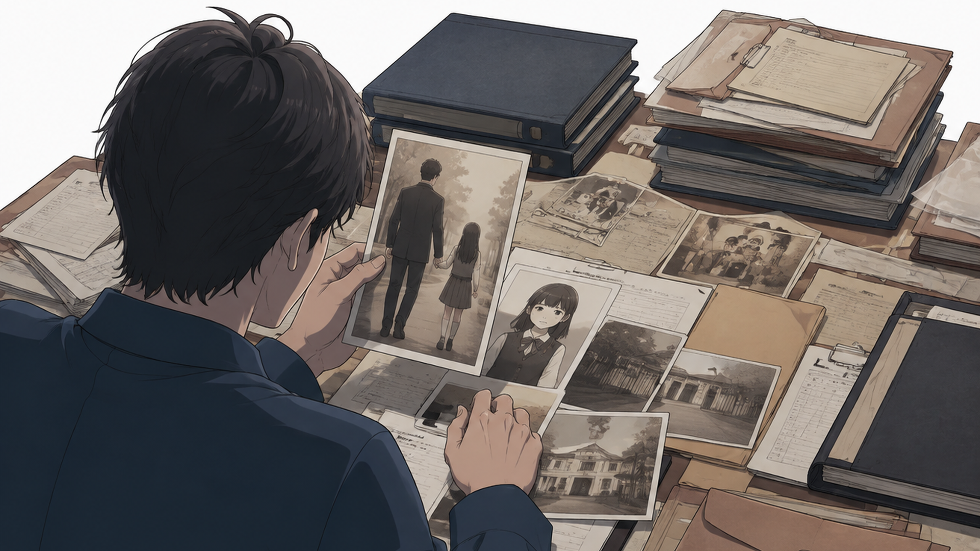 現代日本アニメ調の完全オリジナル人物が探偵資料を前に100巻の記録を整理する知的なシーン