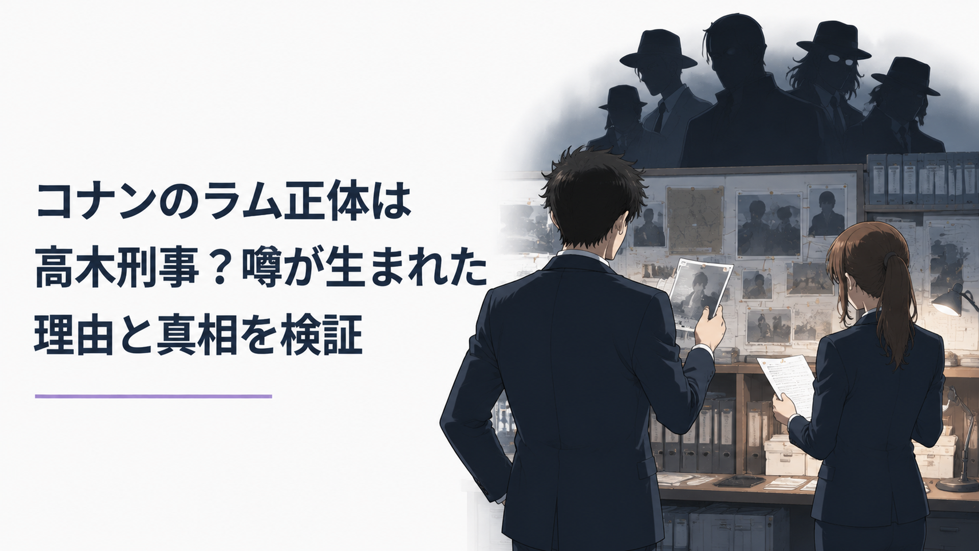 警視庁の資料室で事件記録を確認する男女刑事と、背後に浮かぶ黒い組織を連想させる影の演出