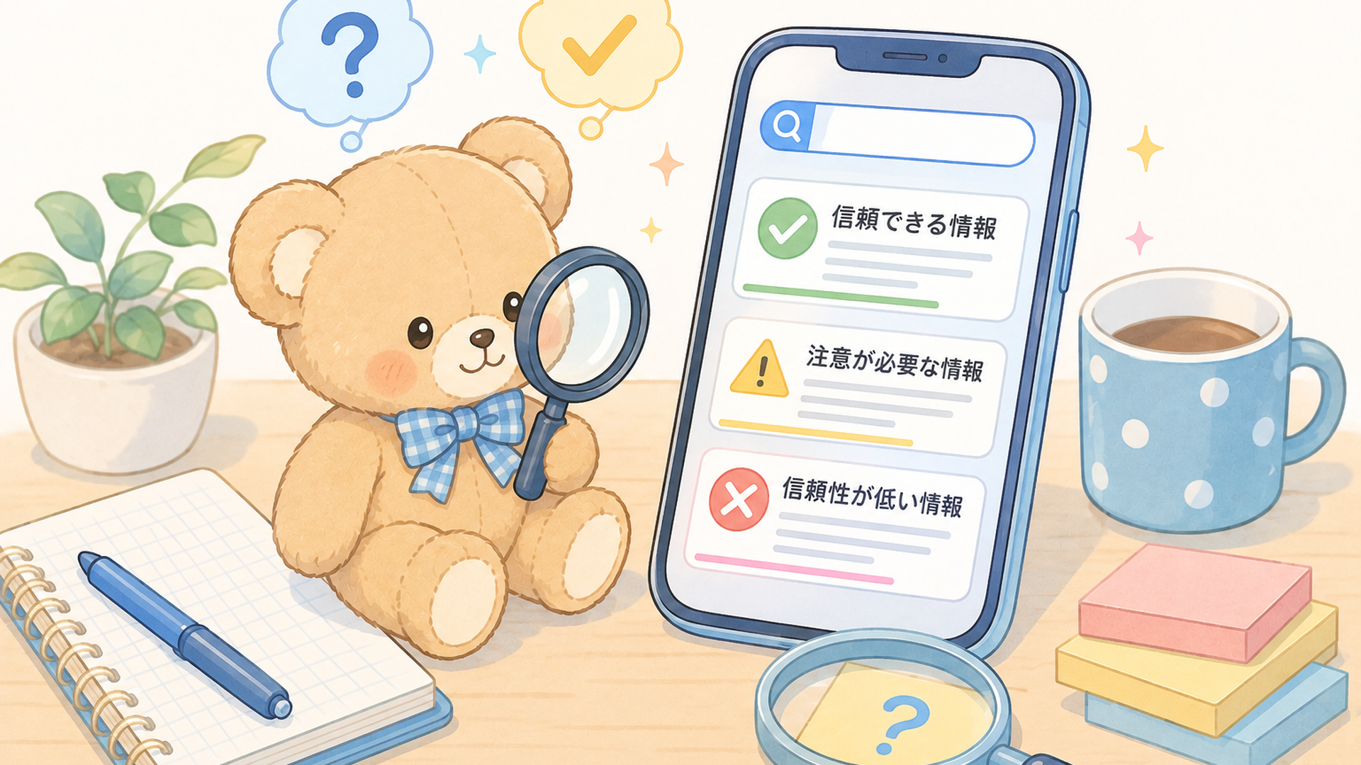 公式発表とニュース記事とSNS投稿を見比べて情報の信頼性を確認するデスク