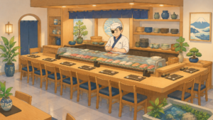 閉店後の静かな寿司店カウンターに残された湯のみと包丁と暗い街灯の光