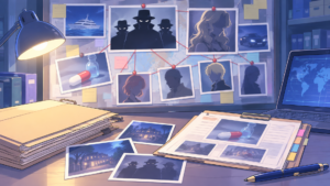 古い事件写真と証拠封筒や将棋の駒が木製の机に広げられた捜査資料