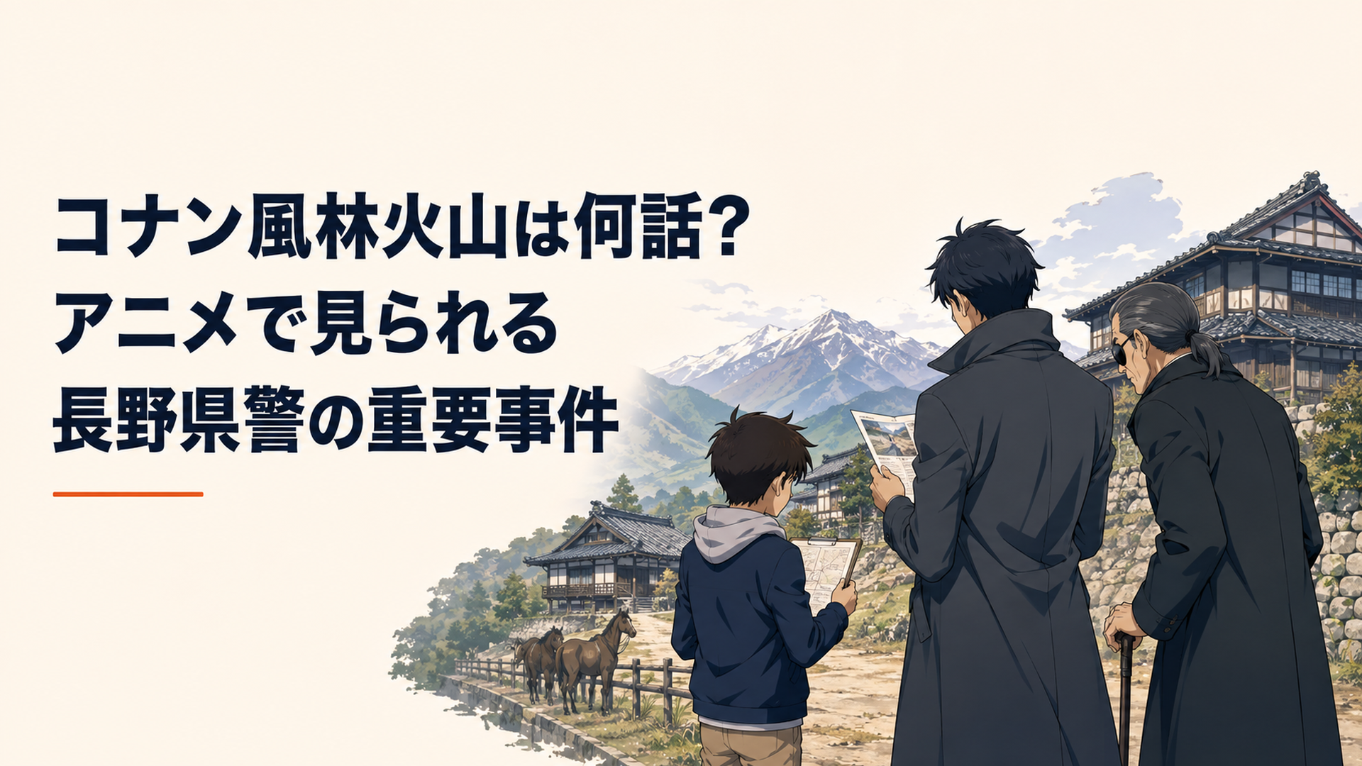 長野県の山間にある二つの旧家を背景に、完全オリジナルの少年探偵風人物と青年探偵風人物、杖を持つ隻眼の刑事風人物が事件資料を確認し、遠景に馬と山並みを配置した現代日本アニメ調の場面