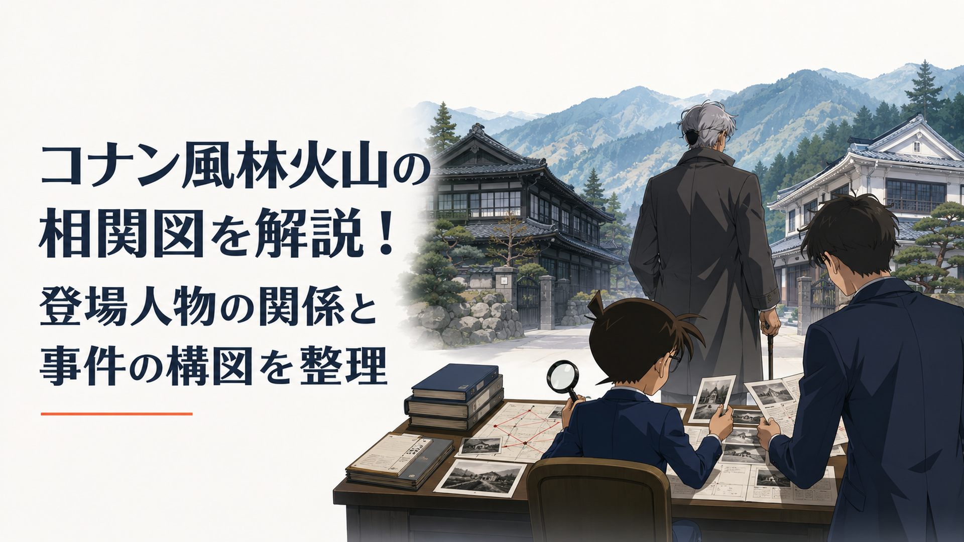 長野県の山間に建つ対立する二つの旧家を左右に置き、中央で事件資料を照合する小柄な少年探偵風人物と青年探偵風人物、その奥に杖を持つ隻眼の刑事風人物を配置した完全オリジナルの現代日本アニメ調の場面