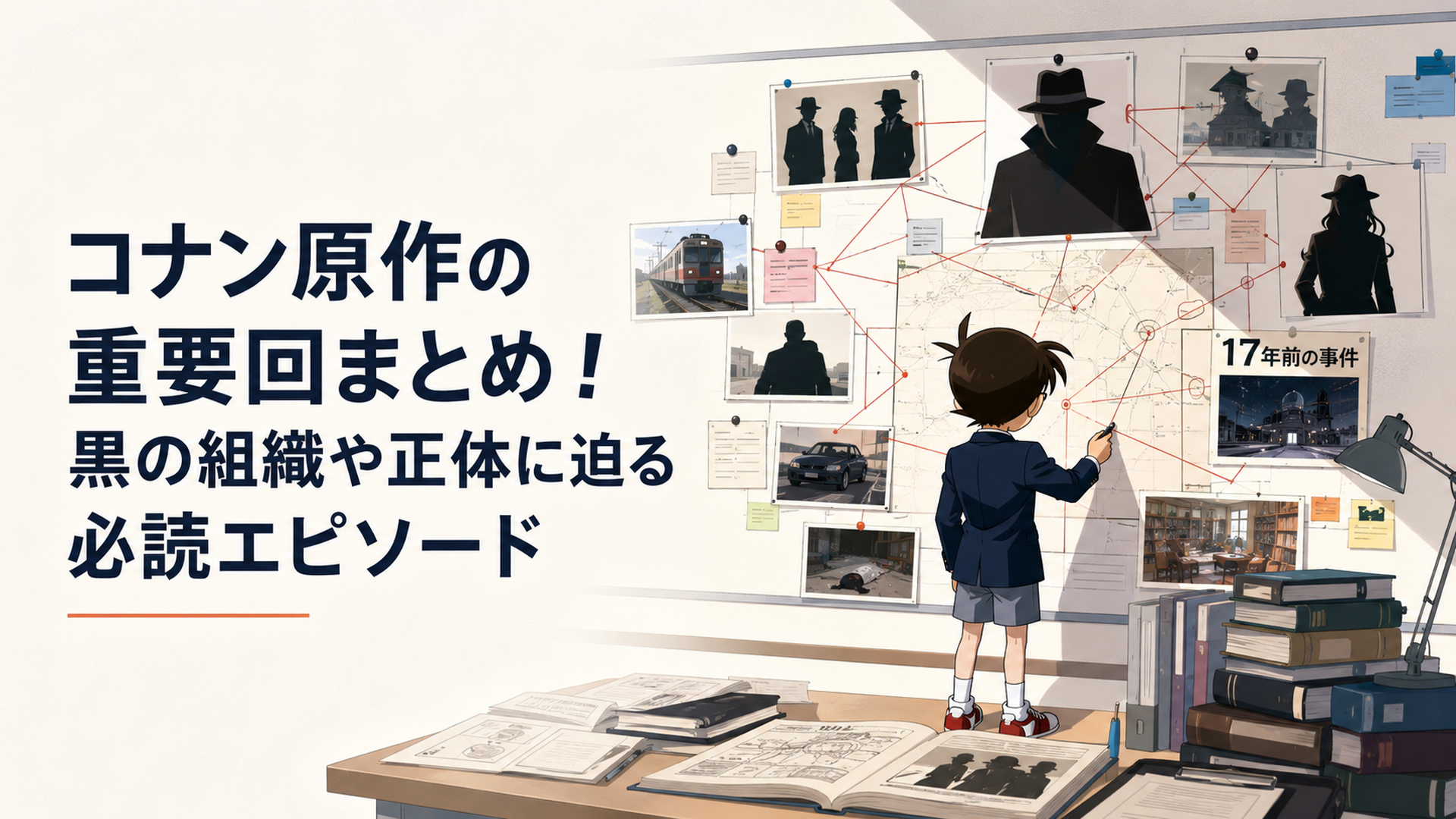 明るい資料室で完全オリジナルの小柄な少年探偵風人物が、黒い組織を象徴する人物シルエット、研究資料、列車、17年前の事件を一本の巨大な相関図で整理している現代日本アニメ調の場面