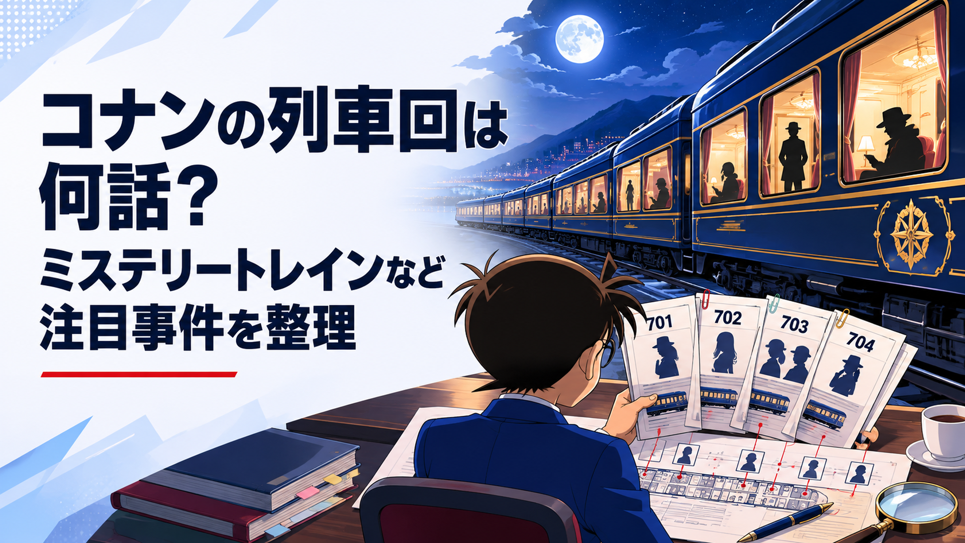 夜を走る完全オリジナルの豪華長距離列車を背景に、少年探偵風人物が701から704までの4枚の事件資料と車両配置図を確認し、複数の人物シルエットが異なる車両に配置された現代日本アニメ調の場面