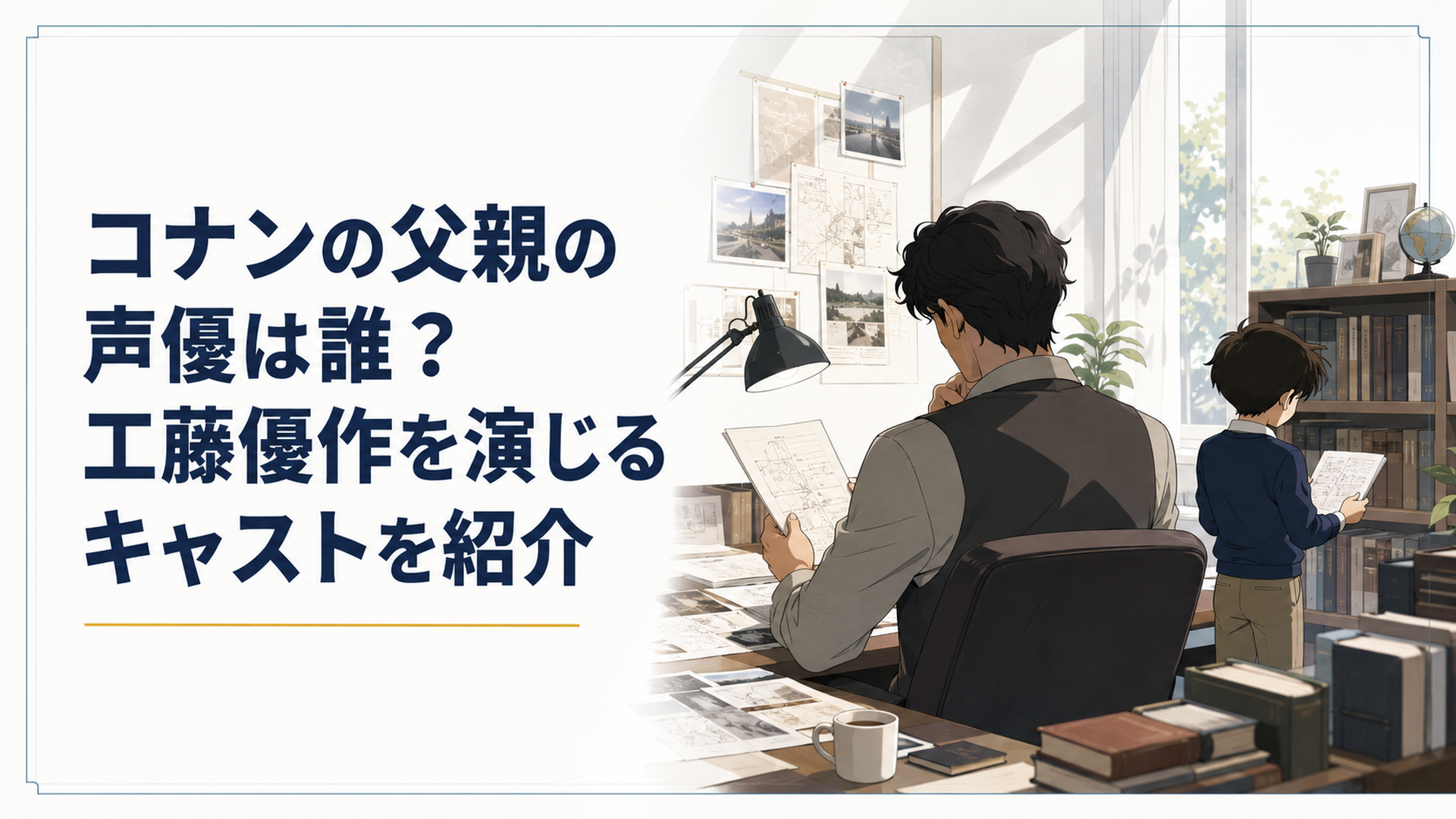 明るい完全オリジナルの推理作家の書斎で、知的で落ち着いた父親風人物が事件資料を確認し、その少し後ろで小柄な少年探偵風人物が別の推理メモを見つめている一般的な現代日本アニメ調の場面。父子の知性の対比を表現し、人物の顔、既存作品の衣装・髪型・ロゴ・固有デザインは再現しない