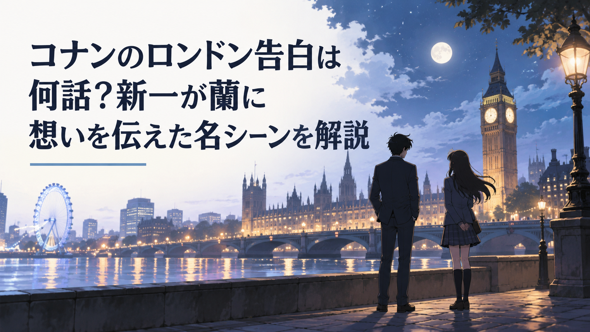 完全オリジナルの夜のロンドン風都市を背景に、歴史的な時計塔と橋が見える場所で向き合う高校生探偵風の青年と少女を遠景から描いた一般的な現代日本アニメ調の場面。二人とも後ろ姿またはシルエットで顔は見せず、既存作品のキャラクター・衣装・髪型・顔・ロゴ・固有デザインは再現しない
