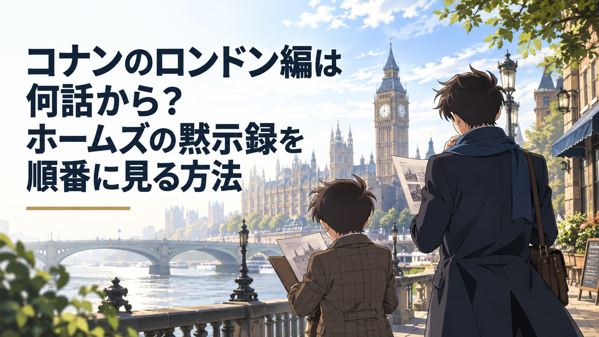 完全オリジナルのロンドン風街並みを背景に、歴史的な時計塔を遠景に見ながら事件資料を確認する小柄な少年探偵風人物と高校生探偵風青年を後ろ姿で描いた一般的な現代日本アニメ調の場面。明るく知的な構図とし、既存作品の人物・衣装・髪型・顔・ロゴ・固有デザインは再現しない