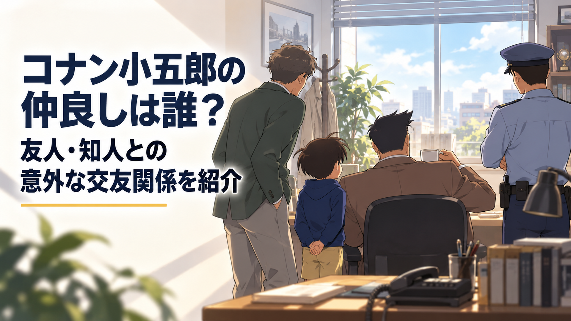 完全オリジナルの明るい探偵事務所で、中年の私立探偵風男性を中心に、小柄な少年、大学時代の旧友を象徴する中年男性、警察関係者を象徴する人物がそれぞれ自然な距離で集まっている場面。全員を後ろ姿や横向き中心とし、一般的な現代日本アニメ調のセル画表現で、既存作品のキャラクター・衣装・髪型