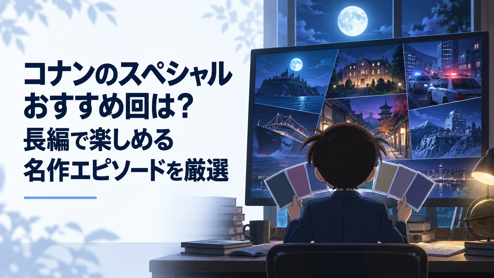 完全オリジナルの現代日本アニメ調で、夜の大型モニターを前に長編ミステリーを象徴する7枚の無地カードを比較する小柄な少年探偵風人物の後ろ姿。月夜の島、豪華な洋館、警察車両の光、仮装船、京都風の街並みなど異なる事件モチーフを背景に配置し、既存作品の人物・衣装・髪型・顔・ロゴ・固有デザ