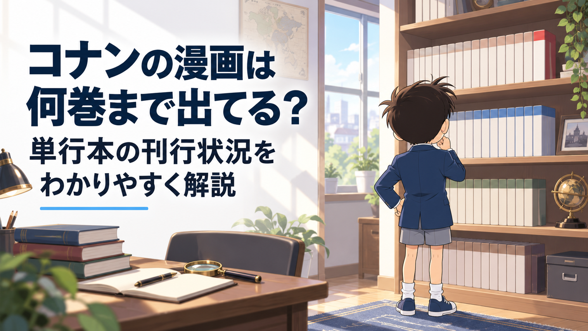 完全オリジナルの明るい書斎で、長く並んだ無地の推理漫画風単行本の前に小柄な少年探偵風人物が立ち、最新巻の位置を確認している一般的な現代日本アニメ調のセル画表現。人物は後ろ姿とし、既存作品のキャラクター・衣装・髪型・顔・ロゴ・表紙デザインは再現せず、本にも文字を入れない