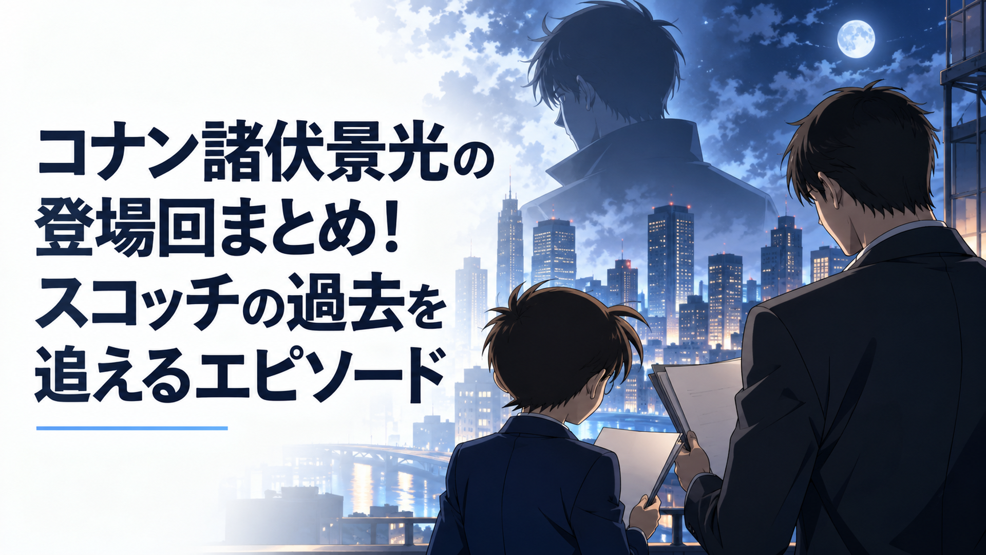 完全オリジナルの夜の都市を舞台に、小柄な少年探偵風人物と公安捜査官風の男性が無地の事件資料を確認し、その奥に過去の潜入捜査官を象徴する青年のシルエットが浮かぶ場面。人物は後ろ姿や横向き中心、既存作品のキャラクター・衣装・髪型・顔・ロゴ・固有デザインは再現しない一般的な現代日本アニ